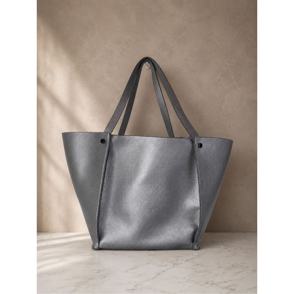 Neiman Marcus Metallic Silver Oversized Tote Bag Shopper Shoulder Carryall